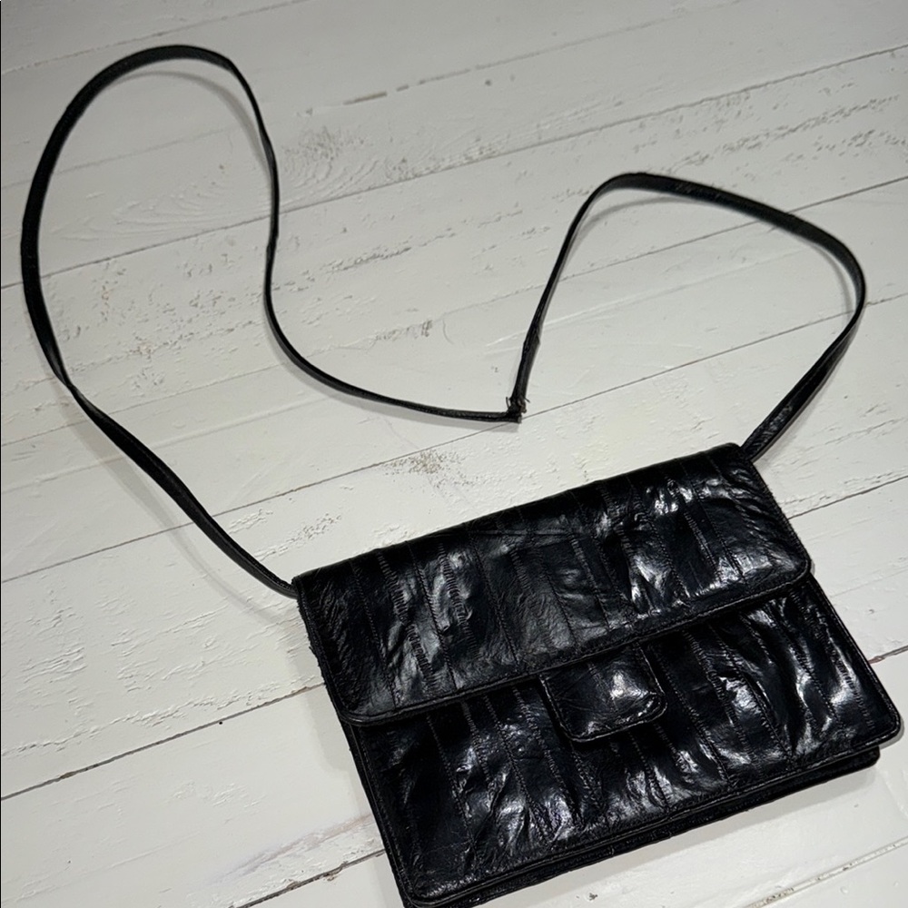 🎀Vintage Eel Skin Vintage 1980s Super Rare Eel Skin Purse Black Crossbody Bag